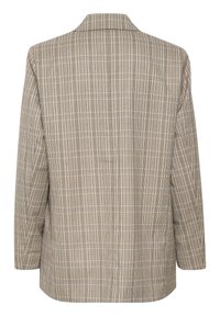 Béžový a hnědý kostkovaný blazer, střižený design, dlouhé rukávy, klopový límec, jediné zadní rozVentování, měkká textura, klasický kostkovaný vzor.