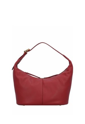 Borsa a tracolla in pelle rossa con un unico manico e dettaglio di fibbia dorata su un lato.
