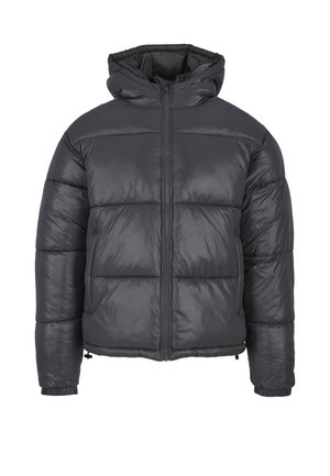 Giacca a vento in grigio scuro con cappuccio, dotata di chiusura con zip, design trapuntato, polsini elastici e orlo inferiore arricciato.