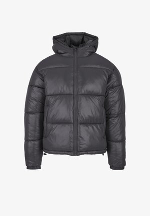 Puffjakke i mørkegrå med hætte, med lynlås, kviltet design, elastiske manchetter og en snørret bund.