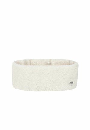 Cremefarbenes weiches Fleece-Stirnband mit einem kleinen runden Metall-Emblem auf der unteren rechten Seite.
