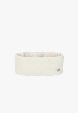 Cremefarbenes weiches Fleece-Stirnband mit einem kleinen runden Metall-Emblem auf der unteren rechten Seite.