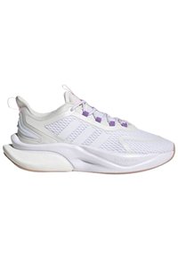 Zapatillas deportivas blancas con parte superior de malla texturizada, acentos morados y una gruesa entresuela Cloudfoam. Forma redondeada y suela exterior de goma flexible.