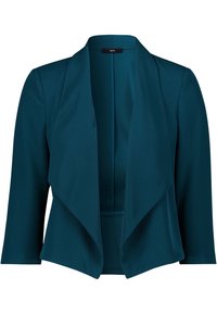 Turkusowy żakiet z miękkiego materiału, z rękawami o długości do połowy przedramienia i otwartym przodem. Charakteryzuje się prostą, elegancką sylwetką.