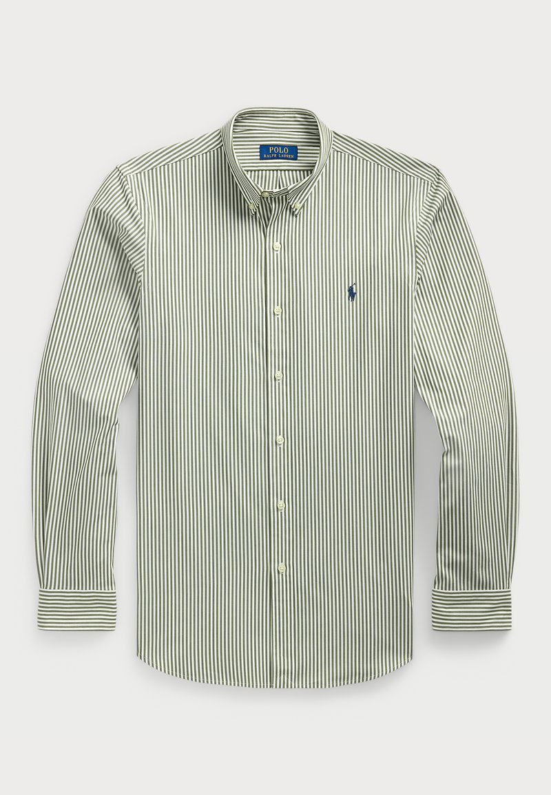 Ανοικτοπράσινο και λευκό ριγέ πουκάμισο με μακριά μανίκια, σημειωτόν γιακά, κουμπωτή μπροστινή όψη και μπλε λογότυπο polo στο στήθος.