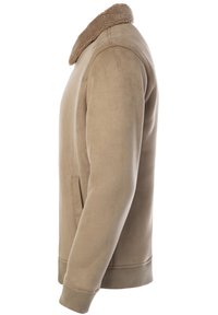 Beežist dressipluus, millel on tekstuuriga kunstkarvane krae. Varustatud küljetasku ja soonikkoes varrukasäärtega. Sile kangas, lõdvestunud lõige.