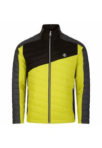 Gelbe und schwarze isolierte Jacke mit Reißverschluss vorne, hohem Kragen und grauen Seiteneinsätzen. Sie verfügt über eine gesteppten Struktur und ein Logo auf der Brust.