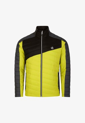 Gelbe und schwarze isolierte Jacke mit Reißverschluss vorne, hohem Kragen und grauen Seiteneinsätzen. Sie verfügt über eine gesteppten Struktur und ein Logo auf der Brust.