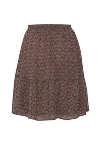 Hnědá sukně s elastickým pasem, která má růžový a černý paisley vzor a volánkový lem.