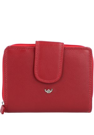 Portefeuille en cuir rouge avec fermeture éclair et pression magnétique. Présente un logo argenté, une texture lisse et des accents de couture sur les bords.