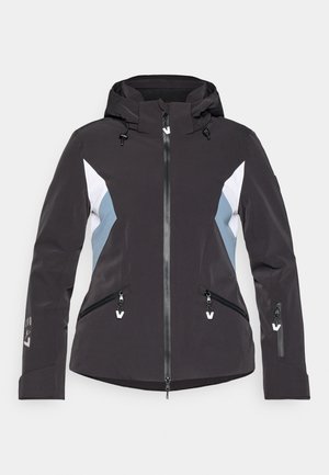 Giacca da sci nera con accenti grigi e bianchi. Presenta un cappuccio, chiusura frontale con zip, tasche con zip e cordini regolabili. Texture liscia.