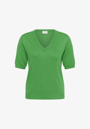 Tricou verde aprins cu mâneci scurte, de tricotat, cu decolteu în V și tivuri striate, așezat plat pe un fundal alb.