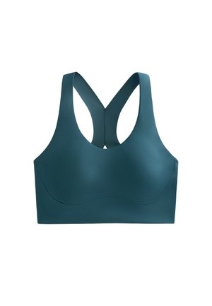 Sportowy biustonosz na plecy w kolorze morskim, z gładkimi, bezszwowymi miseczkami i szerokimi ramionami, zaprojektowany dla wsparcia i komfortu.