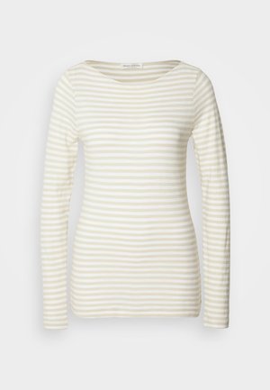 Stribet langærmet skjorte i en creme og beige bomuldsblanding, med rund halsudskæring og tætsiddende silhuet. Blød tekstur med subtile mønstre.