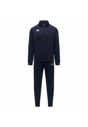Survêtement de sport bleu marine avec veste zippée arborant le logo Kappa sur la poitrine et pantalon assorti avec logo sur la cuisse.
