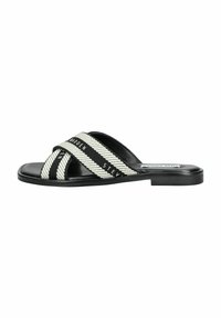 Mule à bande noire et blanche avec des sangles en tissu tissé et une semelle en cuir lisse. Caractérisé par une semelle plate à profil bas.