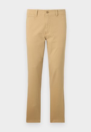 Khaki-housut, jotka on valmistettu puuvillasta, suoran lahkeen mallilla, etutaskuilla, nappisulkimella ja hienovaraisella kankaan tekstuurilla.