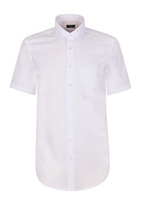 Witte korte mouwen overhemd met knopen, een klassieke kraag, borstzak aan de linkerkant, gladde stof en afgeronde zoom. Voldoet aan standaard ontwerpkenmerken.