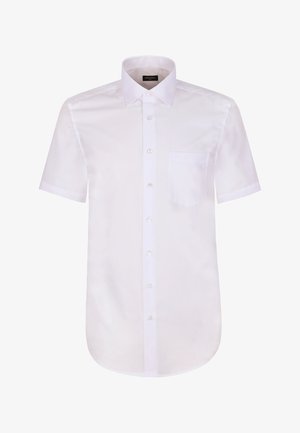 Weißes kurzärmliges Hemd mit Knopfleiste, klassischem Kragen, linker Brusttasche, glattem Stoff und abgerundetem Saum. Entspricht den Standard-Designmerkmalen.