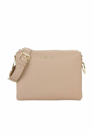 Beige Valentino crossbody bag with adjustable strap and gold buckle, featuring textured leather and gold brand logo on front.