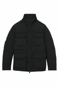 Zwart gewatteerd jack met vier klepzakken, hoge kraag en een rits aan de voorkant die bedekt is met een stoffen sierbies.