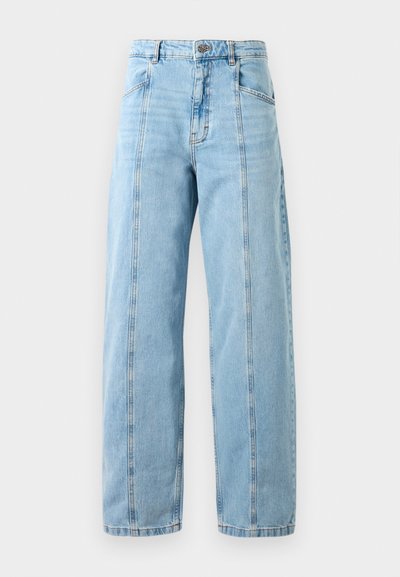 Light blue high-waist straight-leg jeans with front seams, side pockets, belt loops, and a metal button closure.