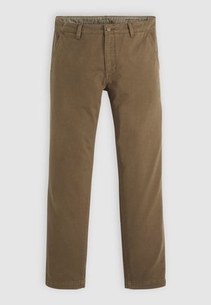 Khakifarbene Baumwollhose mit geradem Bein, ausgestattet mit einem Knopfverschluss, zwei vorderen Taschen und einer glatten Textur.