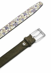 Green suede belt with silver metal rectangular buckle and floral printed strap in purple, cream, and green. Features multiple holes for adjustment.