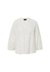 Witte blouse met een V-hals, driekwart mouwen en een bloemenborduursel. De stof lijkt lichtgewicht met een textuurafwerking.
