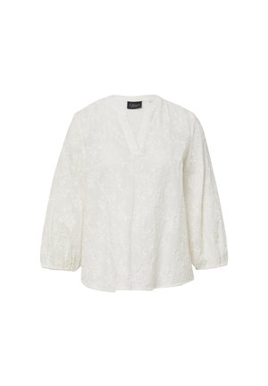 Witte blouse met een V-hals, driekwart mouwen en een bloemenborduursel. De stof lijkt lichtgewicht met een textuurafwerking.