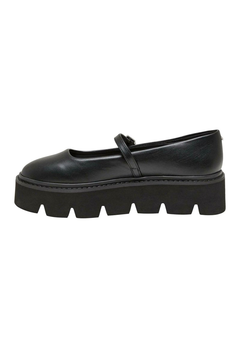 Zapato Mary Jane negro con plataforma, hecho de cuero liso, con punta redonda, correa ajustable y suela gruesa en zigzag.