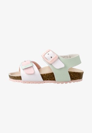 Multicolored sandal with soft white, pink, and mint green straps, adjustable buckles, cork sole, and pink rubber outsole.
