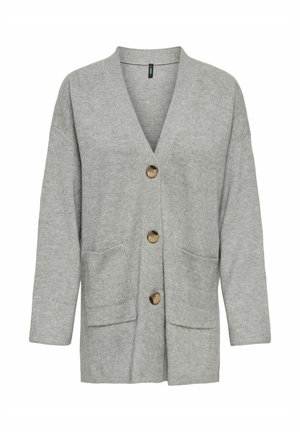 Cardigan grigio a maglia con scollo a V, maniche lunghe e due tasche frontali. Presenta cinque bottoni rotondi per la chiusura. Morbido al tatto.