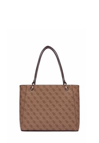 Sac fourre-tout marron avec un motif de logo, design épuré, poignées robustes en marron, et accents en métal. Tissu texturé avec une forme structurée.