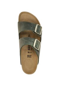 Sandale à glissière verte foncée avec deux lanières réglables à boucle, semelle intérieure anatomique marron et logo de la marque embossé sur l'insert. Taille 38.