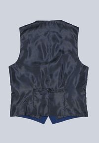 Marineblaue Satinweste mit schlichter Gestaltung, verstellbarem Rückengurt und abgerundetem Saum, mit glatter Textur und ohne sichtbare Verschlüsse.