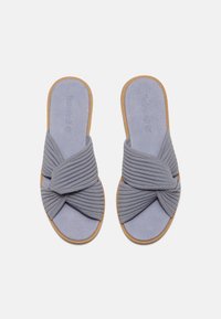Gray fabric slip-on sandals featuring twisted straps, soft microfiber lining, and a tan rubber sole. No visible hardware or patterns.