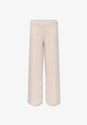 Beige gerippte Strickhose mit geraden, weiten Beinen und einem elastischen Bund, flach auf einem weißen Hintergrund liegend dargestellt.