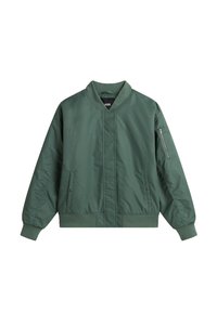 Veste bomber verte en tissu lisse, dotée d'une fermeture éclair devant, d'une poche zippée sur la manche gauche et de poignets et d'un ourlet côtelés.