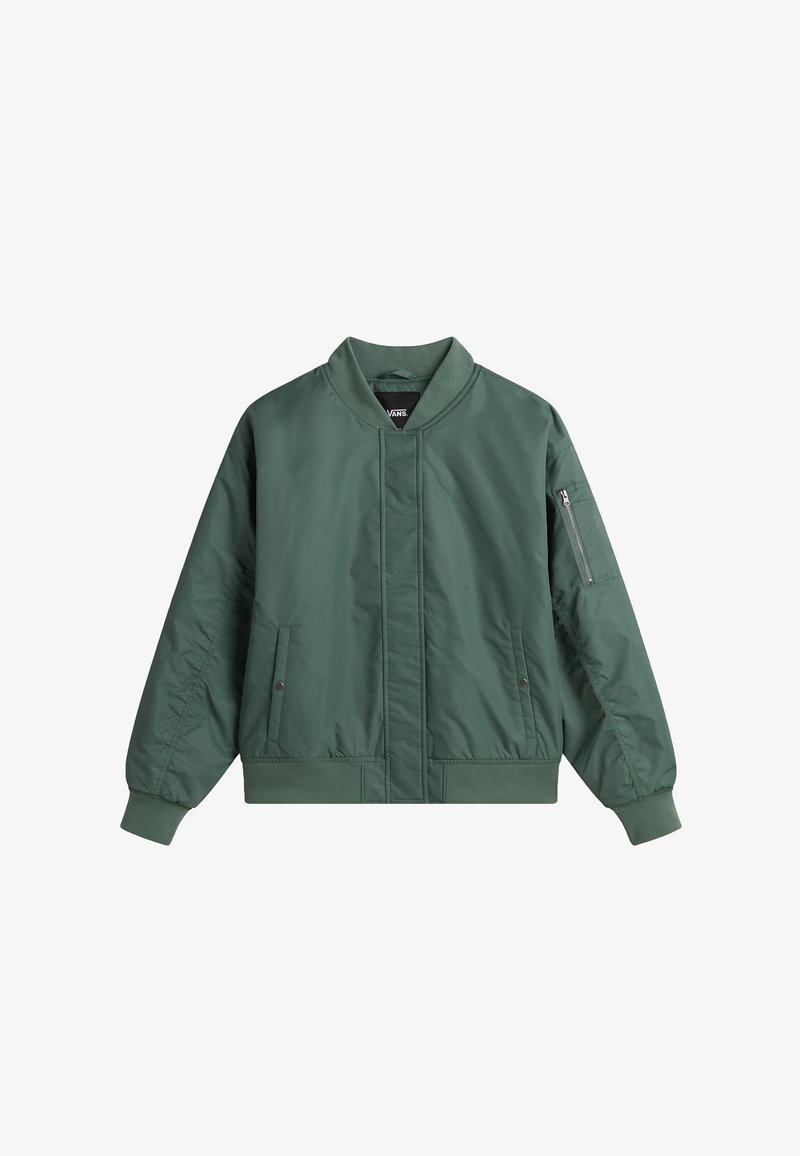 Veste bomber verte en tissu lisse, dotée d'une fermeture éclair devant, d'une poche zippée sur la manche gauche et de poignets et d'un ourlet côtelés.