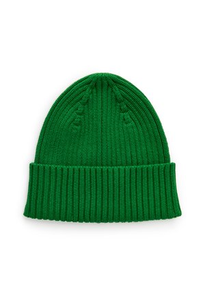 Bonnet tricoté vert avec bord côtelé replié et motif texturé subtil sur fond blanc.