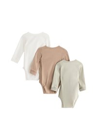 Tre langermede bodysuits i hvit, beige og lys grønn; laget av myk bomull med trykknapper i bunnen og rund hals.
