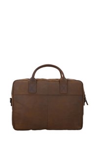 Bruine leren aktetas met dubbele handvatten en zichtbare stiksels op een witte achtergrond, gezien van voren.