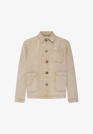 Šviesiai smėlio spalvos užsegama striukė su apykakle, trimis priekinėmis kišenėmis ir ilgomis rankovėmis, pagaminta iš neformalaus, šiek tiek tekstūruoto audinio.