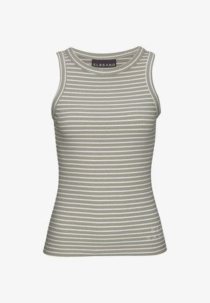 Sleeveless, ribbed tank top in olive green with white horizontal stripes. Features a round neckline and a fitted silhouette. Brand tag visible.