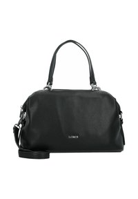 Borsa a mano in pelle nera con finitura testurizzata, manici doppi, tracolla staccabile e logo argento sul davanti.