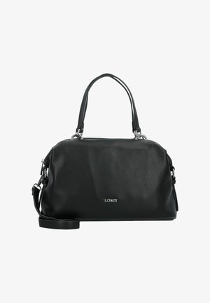 Bolso de mano de cuero negro con acabado texturizado, asas dobles, correa de hombro desmontable y un logo plateado en la parte delantera.