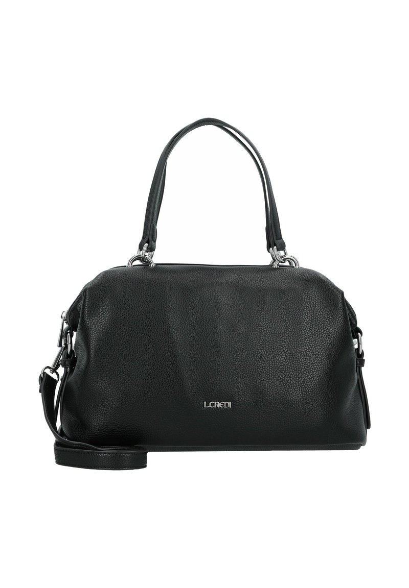 Borsa a mano in pelle nera con finitura testurizzata, manici doppi, tracolla staccabile e logo argento sul davanti.
