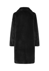 Zwarte nepbontjas met een kraag, lange mouwen en een rechte snit, met een zachte textuur en een schone achterkant.