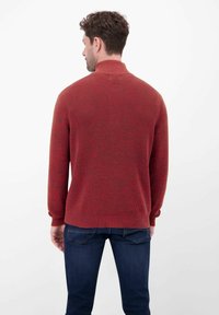 Roter gestrickter Pullover mit hohem Kragen, gerippten Bündchen und Saum, strukturiertem Muster, getragen über dunkelblauer Jeans. Nur Rückansicht.